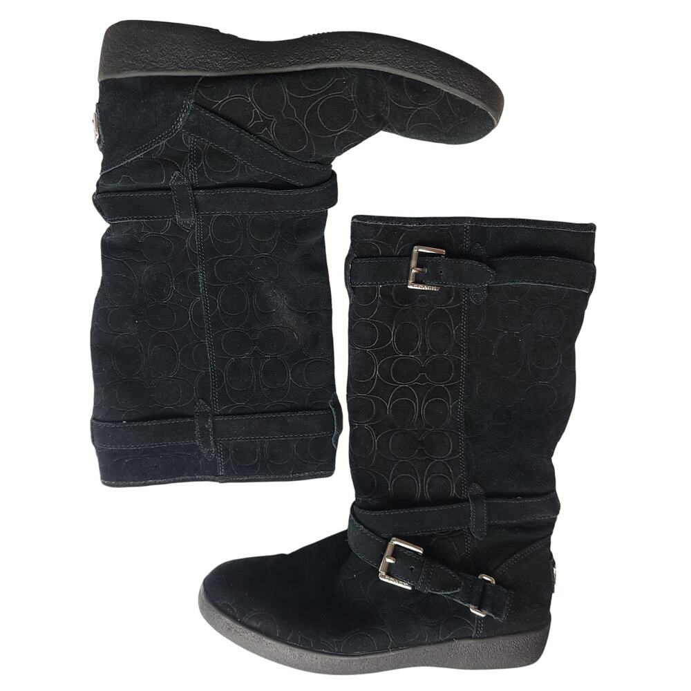 Coach Thelma Signature Monogram Embossed Black Suede Shearling Lined Boots, 8B